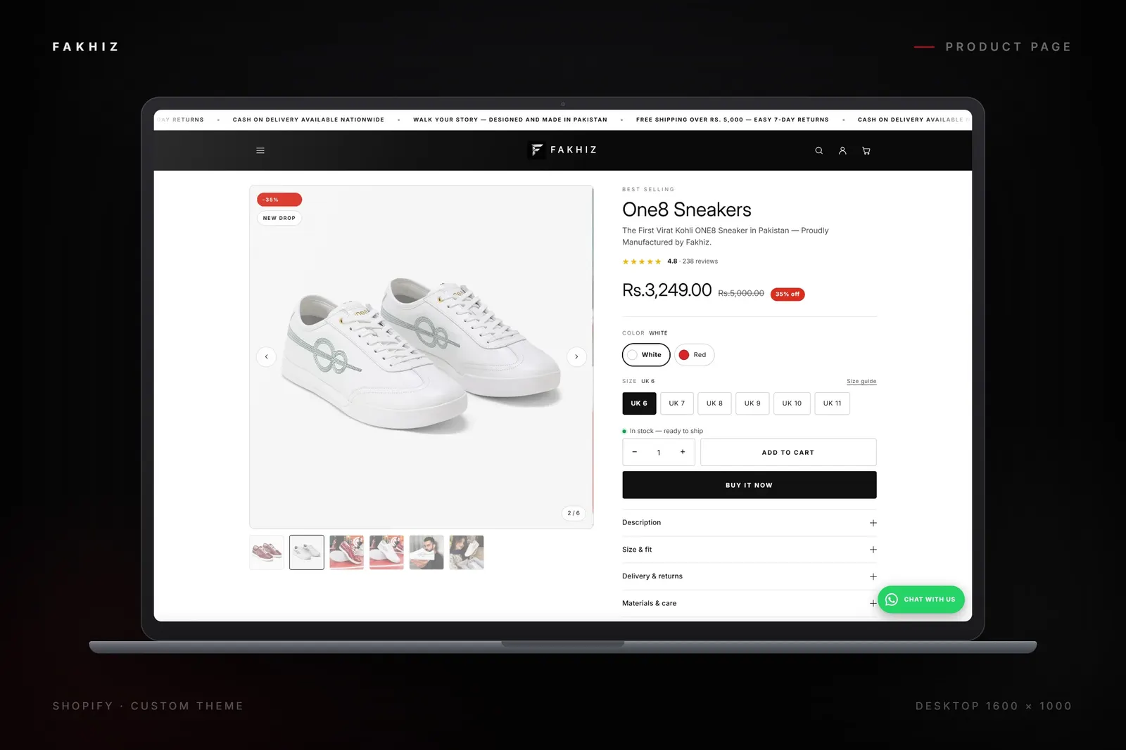 Fakhiz sneaker product page on a laptop