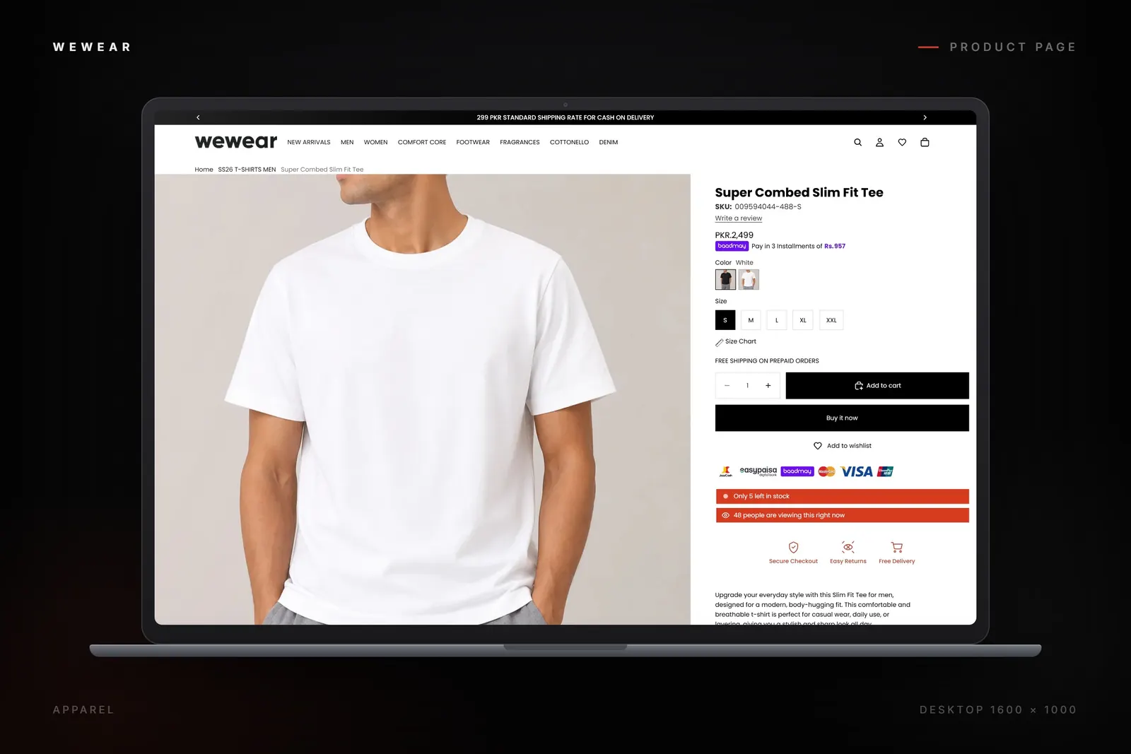 Editorial apparel product page on a laptop