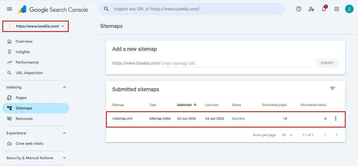 Search Console confirming a sitemap index was read successfully
