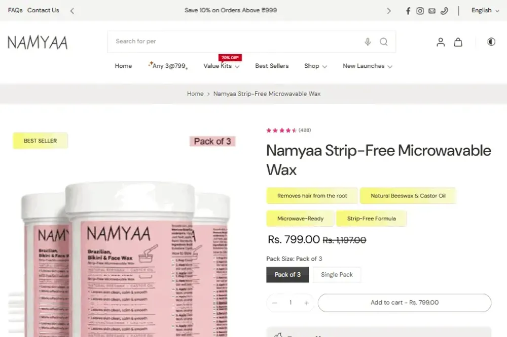 Namyaa product page with offers