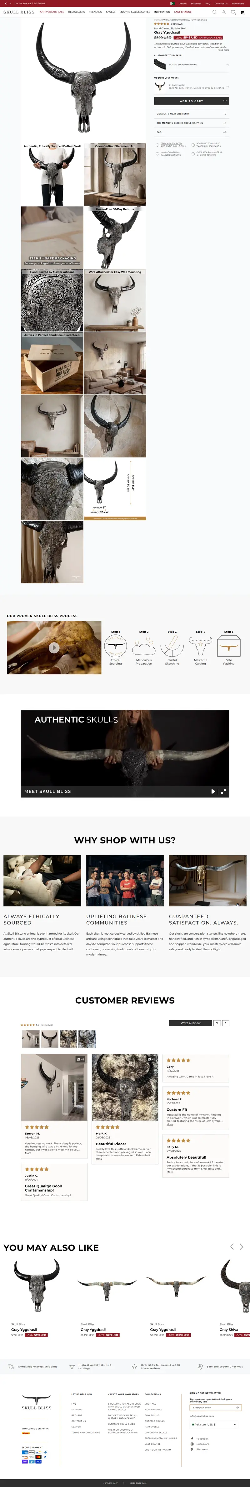 Skull Bliss carved buffalo skull product page