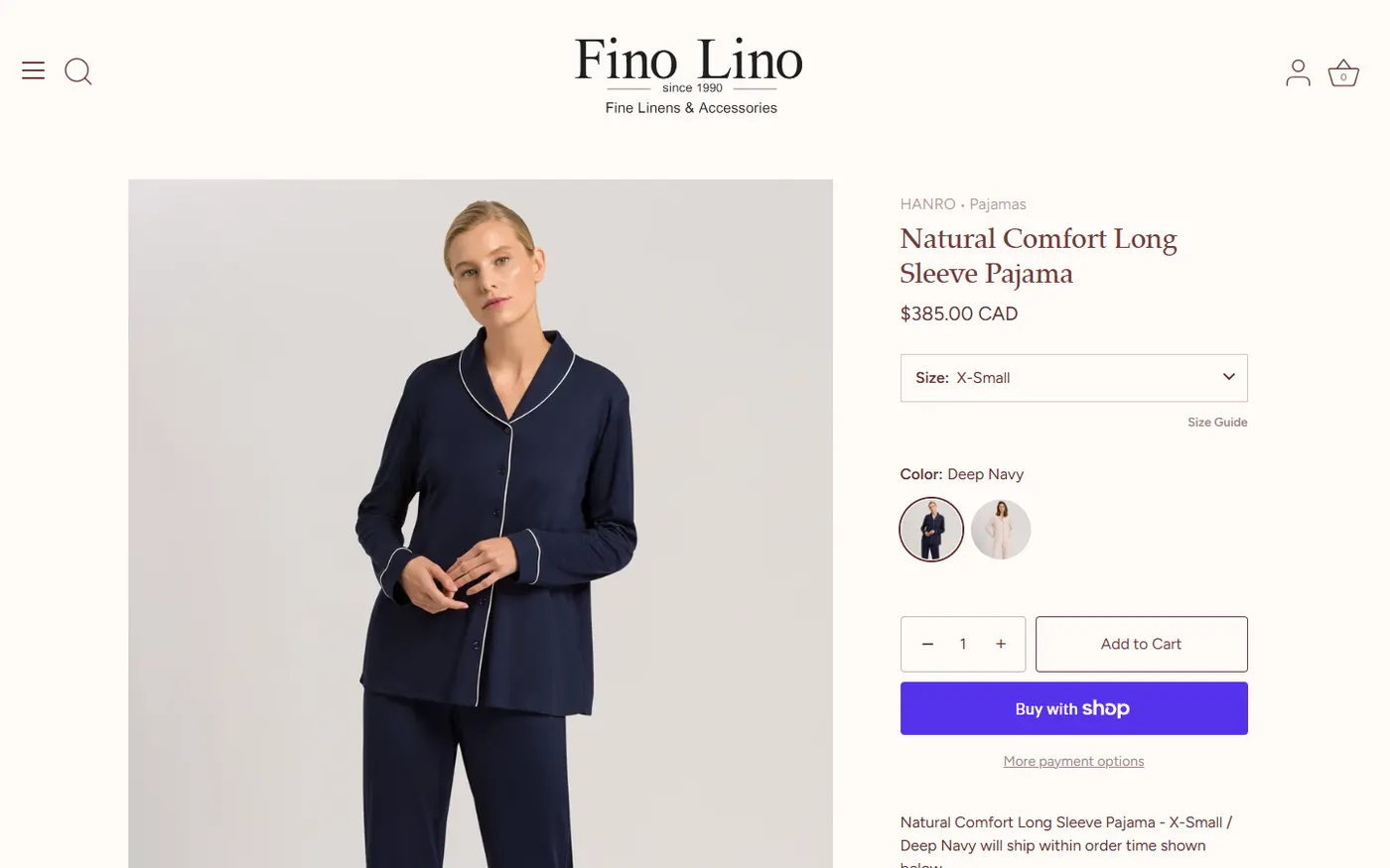 Fino Lino pajama product page