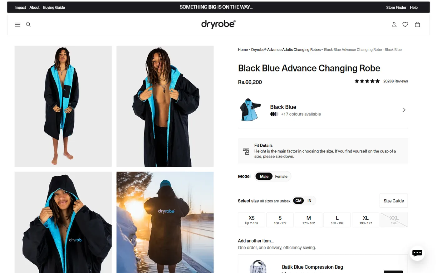 Product page with size selector showing the size ranges for each option