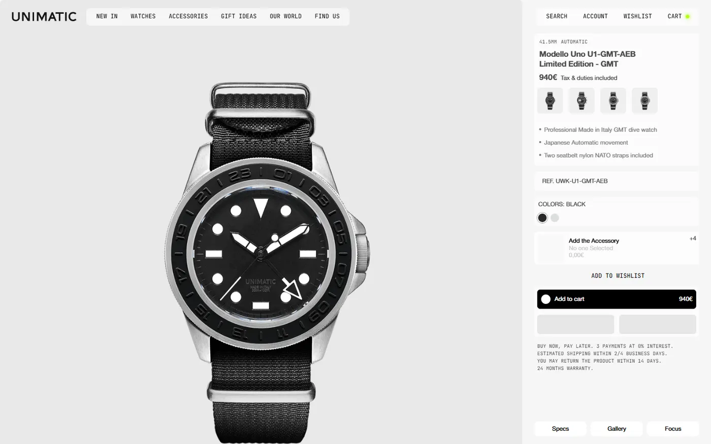 Unimatic Modello Uno product page