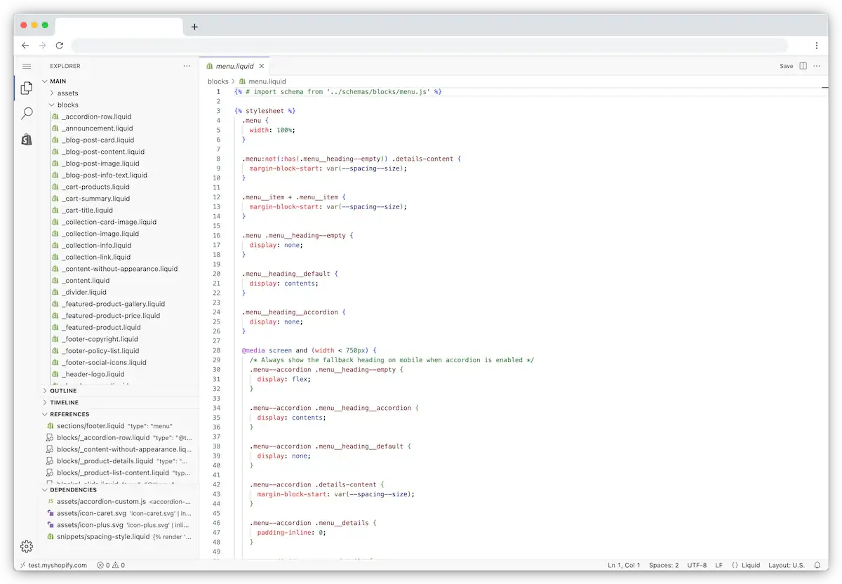 A Liquid section file open in the Shopify code editor