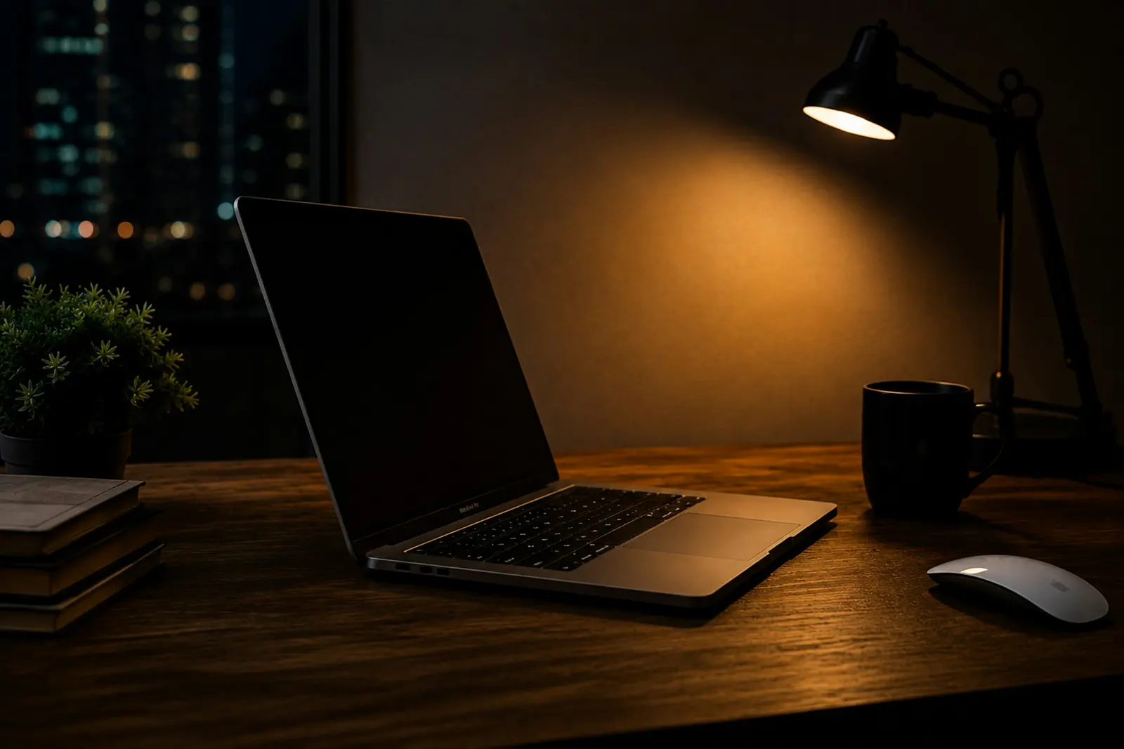 A laptop on a desk late at night, lamp on