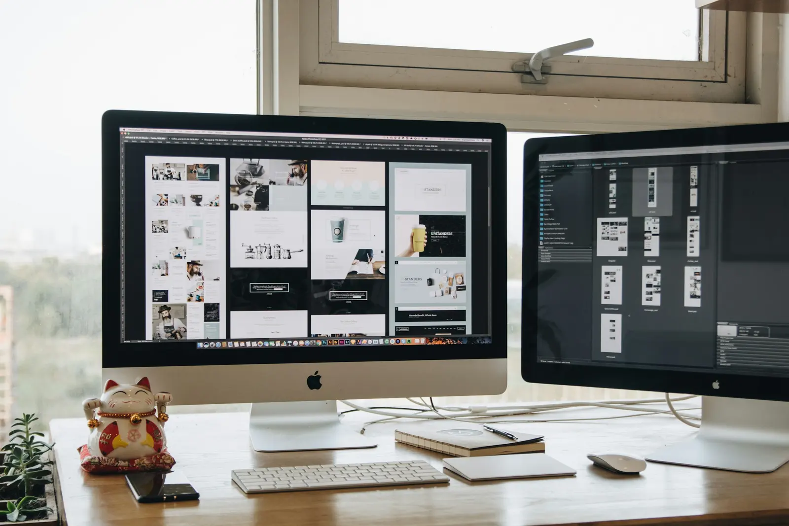 Page designs laid out across two screens